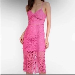 Bardot pink lace midi dress